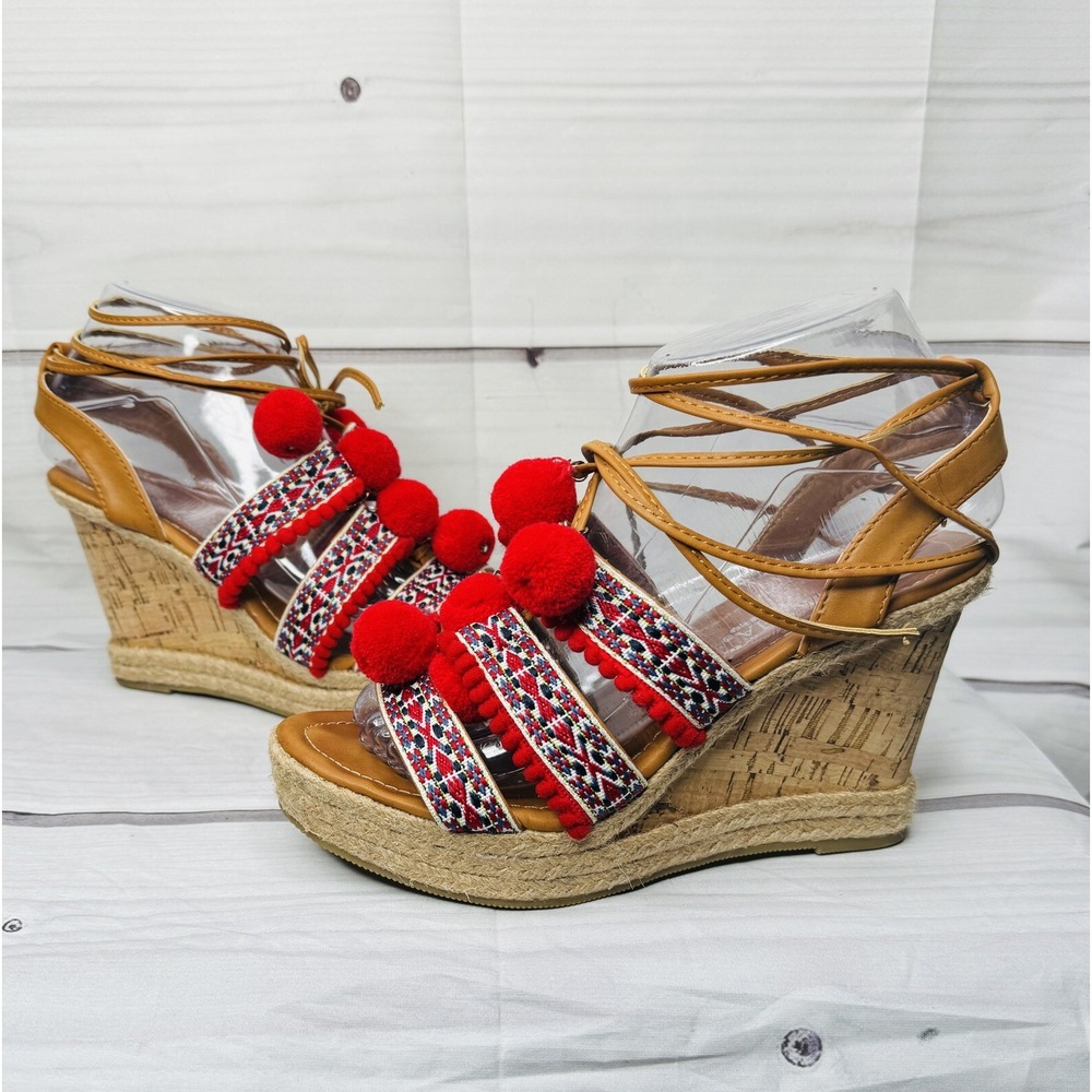 Patrizia by Spring Step Lindy Red Pom Pom Ankle Tie Wedge‎ Sandal Size 37
